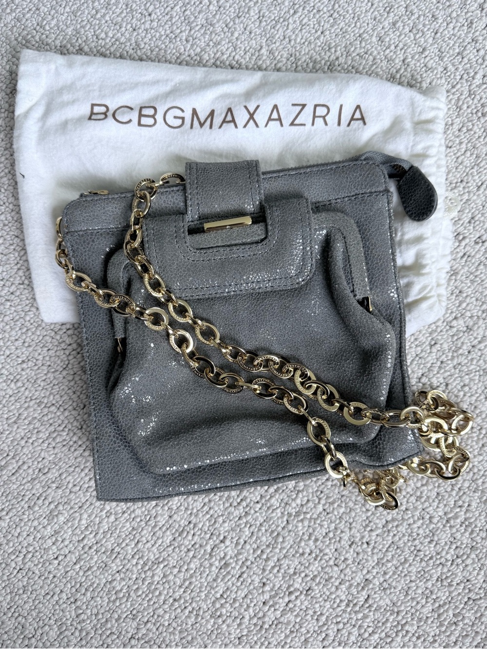 BCBGMaxAzria Gray Metallic Crossbody with Gold Chain